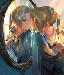 Rule 34 | 1boy, adjusting clothes, ahoge, blonde hair, bow, bowtie, collared shirt, dress shirt, edward elric, emmmerald, formal, frown, fullmetal alchemist, long hair, long sleeves, looking at mirror, male focus, mirror, ponytail, reflection, revision, shirt, solo, sunlight, twitter username, vest, white shirt, yellow eyes