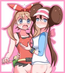 Rule 34 | 2girls, arm around waist, ass, asymmetrical docking, bag, bare shoulders, blue eyes, blush, border, bottomless, breast press, breasts, brown hair, collarbone, creatures (company), double bun, embarrassed, fanny pack, female focus, from behind, game freak, grabbing, grabbing another&#039;s breast, hair bun, hairband, hand up, hat, hug, kaimu (qewcon), large breasts, long hair, long sleeves, looking at another, looking at viewer, looking back, may (pokemon), may (pokemon oras), medium breasts, multiple girls, nintendo, nose blush, open mouth, out-of-frame censoring, outline, outside border, pink border, pink hair, poke ball theme, pokemon, pokemon bw2, pokemon oras, red hairband, red shirt, rosa (pokemon), shirt, simple background, sleeveless, sleeveless shirt, smile, standing, surprised, sweat, twintails, visor cap, watch, white background, white shirt, wristwatch, yuri