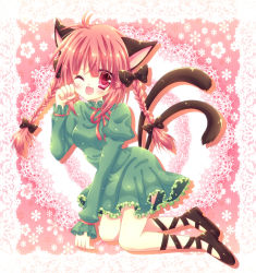 Rule 34 | 1girl, animal ears, bow, braid, cat ears, cat girl, cat tail, fang, female focus, full body, hair bow, kaenbyou rin, long hair, momokumioto, momomiya mion, multiple hair bows, multiple tails, one eye closed, open clothes, open mouth, open shirt, paw pose, red eyes, red hair, shirt, solo, tail, touhou, twin braids, wink