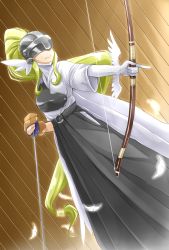 Rule 34 | 1girl, alternate costume, alternate hairstyle, angewomon, archery, arrow (projectile), bad id, bad pixiv id, blonde hair, bow (weapon), chicago-x, covered eyes, digimon, digimon (creature), digimon adventure, feathers, gloves, hakama, hakama skirt, head wings, helmet, highres, japanese clothes, kyuudou, long hair, low-tied long hair, muneate, o-ring, partially fingerless gloves, partly fingerless gloves, ponytail, single glove, skirt, solo, very long hair, weapon, wings, yugake
