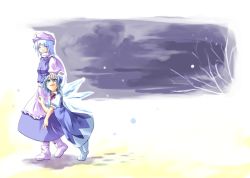 Rule 34 | 2girls, blue hair, cirno, female focus, hand on head, happy, hat, letty whiterock, multiple girls, perfect cherry blossom, snow, sorano eika, touhou, walking, wings