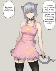Rule 34 | 1girl, animal ears, apron, bare shoulders, black thighhighs, blue eyes, breasts, cat ears, cat tail, clenched hand, collar, collarbone, cowboy shot, garter straps, jonasan, ladle, medium breasts, naked apron, original, paw print, pepe (jonasan), short hair, sideboob, silver hair, solo, standing, tail, thighhighs, translated