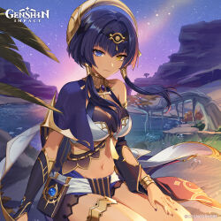 Rule 34 | 1girl, absurdres, bare shoulders, blue eyes, blue hair, breasts, candace (genshin impact), cleavage, dark-skinned female, dark skin, egyptian clothes, eye of horus, genshin impact, hair ornament, hairband, heterochromia, highres, jewelry, long hair, looking at viewer, medium breasts, navel, night, night sky, official art, outdoors, short hair with long locks, sidelocks, sitting, sky, smile, solo, star (sky), starry sky, stomach, thighs, yellow eyes, yu-ri (arium047)