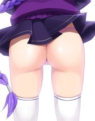 Rule 34 | 1girl, alternate costume, ass, ass focus, braid, eltnum, head out of frame, long hair, lower body, melty blood, miniskirt, panties, pantyshot, pink panties, purple hair, purple skirt, single braid, sion eltnam atlasia, skindentation, skirt, solo, standing, suzuna (najaran), sweater, thighhighs, thighs, tsukihime, under night in-birth, underwear, very long hair, vest, wedgie, white background, white thighhighs