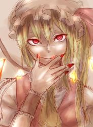Rule 34 | 1girl, ascot, blonde hair, blouse, bow, flandre scarlet, hand to own mouth, hat, hat bow, licking lips, long hair, looking at viewer, mob cap, portrait, red eyes, shirt, side ponytail, sketch, solo, somsom, tongue, tongue out, touhou, vest, wings, wrist cuffs