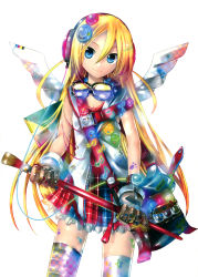 Rule 34 | 1girl, absurdres, asymmetrical legwear, blonde hair, blue eyes, colorful, gloves, goggles, goggles around neck, guitar, headphones, highres, instrument, kei (keigarou), lily (vocaloid), long hair, looking at viewer, mismatched legwear, multicolored clothes, multicolored legwear, non-web source, skirt, smile, solo, thighhighs, vocaloid, white background, wings