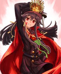 Rule 34 | 1girl, absurdres, arm up, bad id, bad pixiv id, black hair, black hat, buttons, cape, fate/grand order, fate (series), grin, hair between eyes, hat, highres, holding, holding sword, holding weapon, katana, koha-ace, long hair, long sleeves, looking at viewer, military, military uniform, nob1109, oda nobunaga (fate), oda nobunaga (koha-ace), oda uri, red cape, red eyes, sheath, sidelocks, smile, solo, sword, uniform, unsheathed, v-shaped eyebrows, weapon