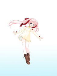 Rule 34 | 1girl, boots, choker, dress, highres, medal, medallion, nakajima konta, outstretched arms, pink hair, solo, source request, spread arms, thighhighs, yellow dress
