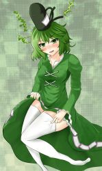 Rule 34 | 1girl, amputee, blush, breasts, checkered background, clothes lift, collarbone, double amputee, dress, dress lift, electricity, green background, green dress, green eyes, green hair, hat, highres, long sleeves, matching hair/eyes, migi ma hidari, open mouth, short hair, soga no tojiko, solo, tate eboshi, thighhighs, thighhighs pull, touhou, white thighhighs