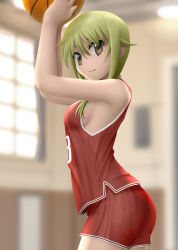 Rule 34 | 1girl, 3d, arms up, ball, bare shoulders, basketball, basketball (object), basketball uniform, blonde hair, blush, breasts, gym shorts, highres, ichii yui, long hair, looking at viewer, shorts, sideboob, siraha, smile, solo, sportswear, twintails, yellow eyes, yuyushiki