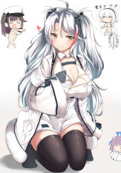 Rule 34 | 1girl, absurdres, antenna hair, azur lane, black gloves, black thighhighs, blush, blush stickers, breasts, brown eyes, brown hair, chibi, cleavage, closed mouth, coat, cosplay, dress, full body, fur-trimmed coat, fur-trimmed sleeves, fur trim, gloves, gradient background, grey background, hair between eyes, hat, heart, highres, kneeling, large breasts, long hair, long sleeves, looking at viewer, moyoron, multicolored hair, navel, no shoes, nude, open clothes, open coat, outstretched arms, pamiat merkuria (azur lane), pamiat merkuria (azur lane) (cosplay), parted bangs, peaked cap, prinz eugen (azur lane), purple hair, red hair, shadow, sirius (azur lane), sleeves past wrists, smile, solo, standing, streaked hair, sweatdrop, tashkent (azur lane), tears, thighhighs, translation request, trembling, two side up, v-shaped eyebrows, very long hair, white background, white coat, white dress, white hair, white hat, wide sleeves, x navel