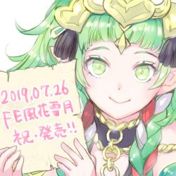 Rule 34 | 1girl, braid, closed mouth, dated, fire emblem, fire emblem: three houses, green eyes, green hair, hair ornament, long hair, matching hair/eyes, nintendo, pointy ears, qumaoto, side braid, simple background, smile, solo, sothis (fire emblem), tiara, twin braids, white background