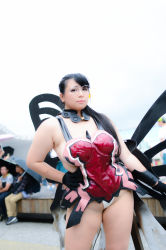 Rule 34 | 1girl, asian, black hair, breasts, butterfly wings, cattleya (queen&#039;s blade), cattleya (queen&#039;s blade) (cosplay), chouzuki maryou, cosplay, gauntlets, glasses, gloves, insect wings, large breasts, lipstick, makeup, photo (medium), plump, queen&#039;s blade, solo, thick thighs, thighs, wings