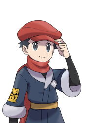 Rule 34 | 1boy, asatsuki (fgfff), black hair, black shirt, closed mouth, commentary request, creatures (company), game freak, grey eyes, grey jacket, hand on headwear, hat, jacket, logo, male focus, nintendo, pokemon, pokemon legends: arceus, red hat, red scarf, rei (pokemon), scarf, shirt, short hair, simple background, smile, solo, split mouth, upper body, white background