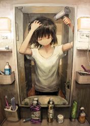 Rule 34 | 1girl, black hair, bottle, closed eyes, curling iron, drying, drying hair, electrical outlet, female pov, hair dryer, hand in own hair, highres, indoors, laundry basket, light switch, lotion bottle, mouthwash, original, pov, shirt, short hair, short sleeves, sink, solo, tokunaga akimasa, toothbrush, toothpaste, white shirt