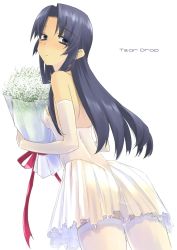 Rule 34 | 1girl, black eyes, black hair, blush, bouquet, breasts, covered erect nipples, dress, elbow gloves, flower, from behind, garter straps, gloves, kashiwagi chizuru, kizuato, long hair, looking back, simple background, small breasts, solo, thighhighs, tsuina, wedding dress, white thighhighs