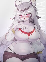 Rule 34 | 1girl, absurdres, ahoge, animal ears, belly, black shorts, blush, breasts, breath, bright pupils, character name, cleavage, commentary request, cowboy shot, crop top, fang, furry, furry female, grey hair, hair between eyes, hand on own chest, hannah (mahjong soul), heart, highleg, highleg panties, highres, large breasts, long bangs, long hair, looking at viewer, lower teeth only, mahjong soul, mbct01, midriff, navel, open mouth, panties, pink eyes, plump, shirt, short shorts, shorts, solo, teeth, tiger ears, tiger girl, underwear, white pupils, white shirt