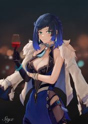 Rule 34 | 1girl, alcohol, bare shoulders, black gloves, black hair, blue hair, blunt bangs, blush, breasts, cleavage, commentary, cowboy shot, cup, dice, drinking glass, fur-trimmed jacket, fur trim, genshin impact, gloves, gradient hair, green eyes, holding, holding cup, jacket, jacket on shoulders, large breasts, long sleeves, looking at viewer, multicolored hair, red wine, short hair, sleeveless, smile, solo, standing, styx mo yu, white jacket, wine, wine glass, yelan (genshin impact)