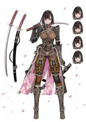 Rule 34 | 1girl, armor, armored boots, asymmetrical clothes, black hair, boots, character sheet, cherry blossoms, commentary request, corset, expressions, floral print, full body, fur trim, gloves, highres, holding, holding sheath, japanese armor, jun (navigavi), katana, katana (navigavi), looking at viewer, multiple views, original, over shoulder, parted lips, petals, sad, serious, shaded face, sheath, short hair, shoulder armor, smile, smug, surprised, sword, sword over shoulder, vambraces, waist cape, weapon, weapon over shoulder, white background, yellow eyes