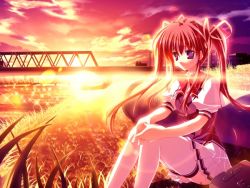 Rule 34 | 1990s (style), 1girl, artist request, asakura nanao, bag, bow, bowtie, bridge, closed mouth, cloud, cloudy sky, female focus, floating hair, game cg, grass, hair ribbon, long hair, lyrical ds, lyrical lyric, miniskirt, outdoors, plant, pleated skirt, puffy sleeves, purple eyes, red hair, retro artstyle, ribbon, river, school uniform, short sleeves, sitting, skirt, sky, solo, sparkle, sunlight, sunset, thighhighs, tree, twintails, very long hair, water, white skirt, white thighhighs