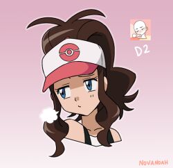 Rule 34 | 1girl, antenna hair, artist name, baseball cap, blue eyes, brown hair, closed mouth, collarbone, creatures (company), eyelashes, game freak, gradient background, hat, hilda (pokemon), looking to the side, mixed-language commentary, nintendo, noelia ponce, pokemon, pokemon bw, portrait, puff of air, reference inset, sidelocks, signature, solo, white hat