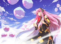 Rule 34 | 1girl, absurdres, avtechno!, cloud, dated, detached sleeves, dye (vocaloid), headphones, headset, highres, long hair, looking at viewer, megurine luka, mountain, pink eyes, pink hair, signature, sky, snow, solo, text focus, very long hair, vocaloid, x-boy