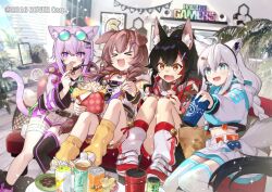 &gt;_&lt; 4girls :d ahoge animal_collar animal_ear_fluff animal_ear_piercing animal_ears aqua_eyes aqua_hoodie aqua_nails asymmetrical_legwear bell belt black_belt black_collar black_hair black_socks black_thighhighs blue-tinted_eyewear braid cat_ears cat_girl cat_tail collar commentary_request controller copyright_notice couch crop_top cropped_hoodie cropped_jacket cross-laced_clothes cross-laced_top crossed_arms cup day dog_ears dog_girl dog_tail double-parted_bangs eyewear_on_head food fox_ears fox_girl fox_tail game_controller hair_between_eyes hair_ornament hair_over_shoulder hairclip headphones headphones_around_neck high_ponytail holding holding_controller holding_cup holding_food holding_game_controller hololive hololive_gamers hood hooded_jacket hoodie implied_extra_ears indoors inugami_korone jacket jingle_bell knees_together_feet_apart knees_up leg_warmers long_hair low_twin_braids midriff miniskirt multicolored_hair multiple_girls nail_polish navel nekomata_okayu official_alternate_costume official_art on_couch ookami_mio open_mouth orange_belt ponytail popcorn purple_eyes purple_hair red_collar red_hair red_jacket red_nails round_eyewear sacanahen shirakami_fubuki shirt shoes short_hair short_socks shorts side_braid sidelocks single_braid single_thighhigh sitting skirt smile sneakers socks streaked_hair sunglasses tail tail_around_own_leg thigh_strap thighhighs tinted_eyewear toeless_footwear twin_braids uneven_legwear virtual_youtuber wavy_mouth white_hair white_jacket white_leg_warmers white_shirt white_shorts white_skirt white_thighhighs wolf_ears wolf_girl wolf_tail x_hair_ornament yellow_eyes yellow_leg_warmers yellow_nails