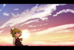 Rule 34 | 1girl, ahoge, arms behind back, ascot, bad id, bad pixiv id, blonde hair, child, cloud, embodiment of scarlet devil, female focus, hair ribbon, letterboxed, looking at viewer, mesou-san, red eyes, ribbon, rumia, short hair, skirt, skirt set, sky, smile, solo, tareme, touhou, wide-eyed