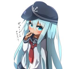 Rule 34 | 1girl, absurdres, anchor symbol, black hat, black skirt, blue eyes, blue hair, blush, flat cap, food, food in mouth, hair between eyes, hat, hibiki (kancolle), highres, holding, holding food, idaten93, kantai collection, long hair, long sleeves, looking at viewer, mouth hold, neckerchief, pleated skirt, pocky, red neckerchief, school uniform, serafuku, shirt, simple background, skirt, solo, translated, very long hair, white background, white shirt