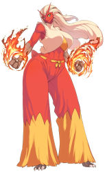 Rule 34 | 1girl, bird girl, blaziken, blonde hair, blue eyes, breasts, claws, clenched hands, colored sclera, colored skin, creatures (company), fire, full body, furry, furry female, game freak, gen 3 pokemon, highres, large breasts, long hair, muscular, muscular female, nintendo, pants, platinum blonde hair, pokemon, pokemon (creature), red skin, simple background, smile, solo, spacezin, tail, white background, yellow sclera
