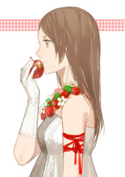 Rule 34 | 1girl, apple, arm ribbon, brown eyes, brown hair, cotta, flower, flower necklace, food, fruit, gloves, jewelry, leaf, long hair, necklace, original, profile, ribbon, solo, strawberry, strawberry blossoms, upper body, white gloves