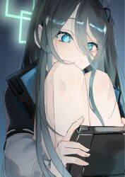 Rule 34 | 1girl, :o, aqua eyes, aris (blue archive), black hair, blue archive, hair between eyes, halo, handheld game console, highres, knees up, long hair, noo2g, one side up, playing games, solo, very long hair