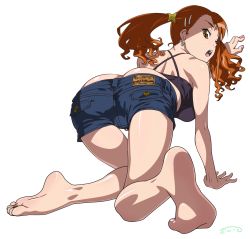 Rule 34 | 10s, 1girl, :o, all fours, anjou naruko, ano hi mita hana no namae wo bokutachi wa mada shiranai., ass, barefoot, brown eyes, brown hair, butt crack, denim, earrings, artistic error, feet, female focus, foreshortening, from behind, hair ornament, hairclip, highres, huge ass, jewelry, long hair, looking back, no bra, no panties, no shoes, revision, short shorts, shorts, simple background, soles, solo, star (symbol), suna (sandworks), twintails, white background