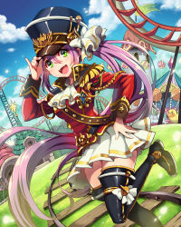 Rule 34 | amusement park, black thighhighs, bow, carousel, flag, green eyes, hand on headwear, hand on own hip, hat, hat bow, leg up, long hair, looking at viewer, open mouth, pink hair, ponytail, railroad tracks, roller coaster, skirt, solo, tenkuu no crystalia, thighhighs, uniform, very long hair, white skirt, wooni