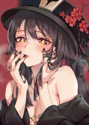 Rule 34 | 1girl, bare shoulders, black coat, black hat, blush, breasts, brown hair, coat, collarbone, flower, genshin impact, hat, hat flower, highres, hu tao (genshin impact), jewelry, long hair, long sleeves, looking at viewer, mhk (mechamania), off shoulder, parted lips, plum blossoms, red eyes, ring, small breasts, solo, symbol-shaped pupils, twintails, very long hair