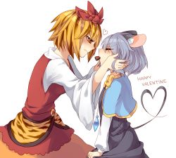 Rule 34 | 2girls, animal ears, blonde hair, blush, candy, capelet, chocolate, chocolate heart, closed eyes, english text, food, grey hair, hair ornament, happy valentine, heart, koza, kozakura (dictionary), mouse ears, mouse tail, mouth hold, multicolored hair, multiple girls, nazrin, red eyes, short hair, simple background, tail, text focus, toramaru shou, touhou, two-tone hair, valentine, white background, yuri
