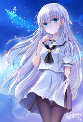 Rule 34 | 1girl, arm behind back, arm up, black pantyhose, blue eyes, bug, butterfly, expressionless, hair ornament, hairclip, hand on own chest, highres, insect, long hair, naruse shiroha, night, night sky, pantyhose, school uniform, serafuku, shirt, silver hair, skirt, sky, solo, sparkle, star (sky), summer pockets, thigh gap, white shirt, white skirt, wind, wind lift