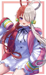 1girl :d absurdres black_ribbon blush buttons commentary cowboy_shot dress eyelashes floating_hair frilled_dress frills hair_over_one_eye hair_rings hand_up headphones highres hood hood_down hooded_jacket jacket long_hair long_sleeves looking_at_viewer low_twintails multicolored_clothes multicolored_hair neck_ribbon one_eye_covered one_piece one_piece_film:_red open_clothes open_jacket open_mouth oversized_clothes pink_jacket puffy_long_sleeves puffy_sleeves purple_eyes red_hair ribbon shinzousan sidelocks sleeves_past_fingers sleeves_past_wrists smile solo split-color_hair standing teeth twintails two-tone_background two-tone_hair upper_teeth_only uta_(one_piece) white_background white_dress white_hair white_jacket