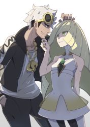 Rule 34 | 10s, 1boy, 1girl, arm behind back, bare arms, blonde hair, brown hair, collarbone, creatures (company), crystal, eyewear on head, game freak, gem, glasses, green eyes, green gemstone, guzma (pokemon), hand in pocket, hand on another&#039;s face, highres, hsin, jewelry, long hair, looking at another, lusamine (pokemon), multicolored hair, nail polish, necklace, nintendo, pokemon, pokemon sm, shading, sleeveless, smile, standing, sunglasses, team skull, two-tone hair, very long hair, white background, white hair