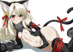 Rule 34 | 1girl, animal ear fluff, animal ears, animal hands, bare shoulders, bell, black gloves, black leotard, black thighhighs, blush, breasts, cat ears, cat tail, center opening, elbow gloves, fake animal ears, fate/kaleid liner prisma illya, fate (series), fur collar, gloves, hair ribbon, highres, illyasviel von einzbern, illyasviel von einzbern (beast style), jingle bell, leotard, long hair, looking at viewer, lying, navel, on side, paw gloves, red eyes, ribbon, shimejinameko, sidelocks, small breasts, solo, tail, thighhighs, thighs, white hair