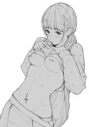 Rule 34 | 1girl, blush, bra, bra lift, breasts, clothes lift, clothes pull, cowboy shot, earrings, eyebrows, greyscale, hands on own chest, highres, jewelry, lifting own clothes, lineart, long sleeves, midriff, monochrome, navel, navel piercing, nipple bar, nipple piercing, nipples, no bra, original, panties, piercing, ponytail, simple background, skirt, skirt pull, sleeves past wrists, small breasts, solo, stomach, stud earrings, sweater, sweater lift, tsukino wagamo, underwear, white background