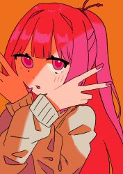 Rule 34 | 1girl, alternate costume, alternate hairstyle, blush, brown sweater, commentary request, double v, hair intakes, half-closed eyes, hands up, highres, kotonoha akane, kyuutani, long hair, long sleeves, looking at viewer, open mouth, orange background, pink eyes, pink hair, pink nails, ponytail, sidelighting, simple background, solo, sweater, upper body, v, voiceroid, x arms