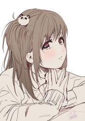 Rule 34 | 1girl, :t, absurdres, blush, brown hair, brown theme, dated, fingernails, geshumaro, hair ornament, highres, long hair, looking at viewer, monochrome, one side up, original, own hands together, pout, signature, simple background, solo, white background