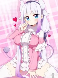 Rule 34 | 1girl, aged up, bad id, bad twitter id, beads, blue eyes, blunt bangs, blush, breasts, capelet, dragon girl, dragon horns, dress, gradient hair, hair beads, hair ornament, hairband, heart, highres, horns, kanna kamui, kobayashi-san chi no maidragon, large breasts, light purple hair, long hair, looking at viewer, microdress, multicolored hair, pink background, pink dress, silver hair, solo, tail, thighhighs, thighs, totallyiryanic, twintails, white dress, white thighhighs, zettai ryouiki