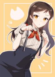 Rule 34 | 1girl, :o, black skirt, bow, bowtie, brown hair, cat, collared shirt, grey shirt, high-waist skirt, idolmaster, idolmaster million live!, idolmaster million live! theater days, kitazawa shiho, long hair, looking at viewer, notice lines, open mouth, paw pose, paw print, red bow, red bowtie, shirt, short sleeves, skirt, solo, straight hair, striped clothes, striped shirt, summit reburn (idolmaster), suspender skirt, suspenders, touon, vertical-striped clothes, vertical-striped shirt, wing collar, wristband, yellow background, yellow eyes