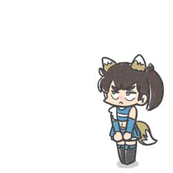 Rule 34 | 1girl, :&lt;, alternate costume, black footwear, black hair, black thighhighs, blue skirt, boots, commentary request, crop top, detached sleeves, ferret-san, frown, hokkaido nippon-ham fighters, kaga (kancolle), kantai collection, negative space, nippon professional baseball, pleated skirt, side ponytail, skirt, solo, thick eyebrows, thigh boots, thighhighs, x navel