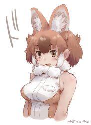 Rule 34 | 1girl, animal ears, bare shoulders, blush, bow, brown hair, dhole (kemono friends), dog ears, dog girl, extra ears, fang, kemono friends, kemono friends 3, looking at viewer, multicolored hair, nyororiso (muyaa), open mouth, shirt, short hair, sleeveless, smile, solo, two-tone hair, white hair