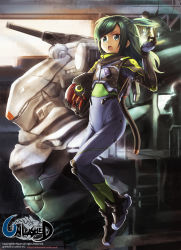 Rule 34 | 1girl, boots, computer, flat chest, green eyes, green hair, helmet, hepari, highres, long hair, mecha, open mouth, pilot suit, robot, short twintails, twintails, unleashed