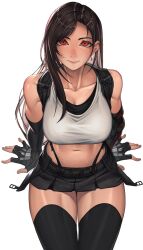 1girl arm_support bare_shoulders black_hair black_skirt black_sports_bra black_thighhighs breasts collarbone commentary cowboy_shot crop_top earrings final_fantasy final_fantasy_vii final_fantasy_vii_remake fingerless_gloves gloves highres jewelry large_breasts light_smile long_hair looking_at_viewer midriff navel red_eyes sitting skirt solo sports_bra suspender_skirt suspenders swept_bangs tank_top temoc thighhighs tifa_lockhart white_background white_tank_top zettai_ryouiki