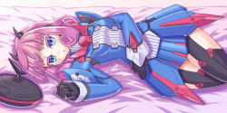 Rule 34 | 1girl, :o, android, bad id, bad pixiv id, bed sheet, black gloves, black thighhighs, blue eyes, blue skirt, bow, colored eyelashes, curly hair, eyelashes, garter straps, gloves, hat, long sleeves, looking at viewer, lou, lou (phantasy star), lying, on back, phantasy star, phantasy star portable 2, phantasy star universe, pink hair, puffy sleeves, robot ears, short hair, skirt, solo, thigh strap, thighhighs, yukimura tsubame